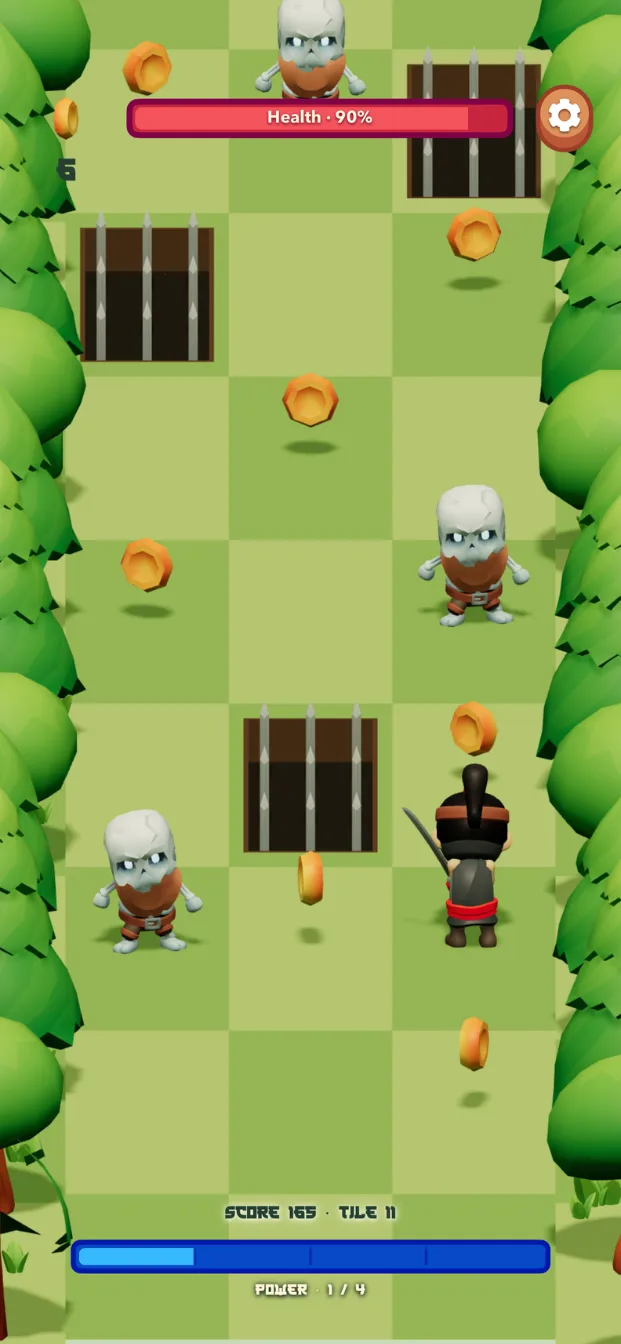The ninja on the checkerboard path with coins, skeletons, and spike traps ahead