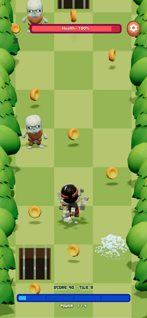 A mid-run hop: coins, a skeleton, and a spike pit on the three-lane board